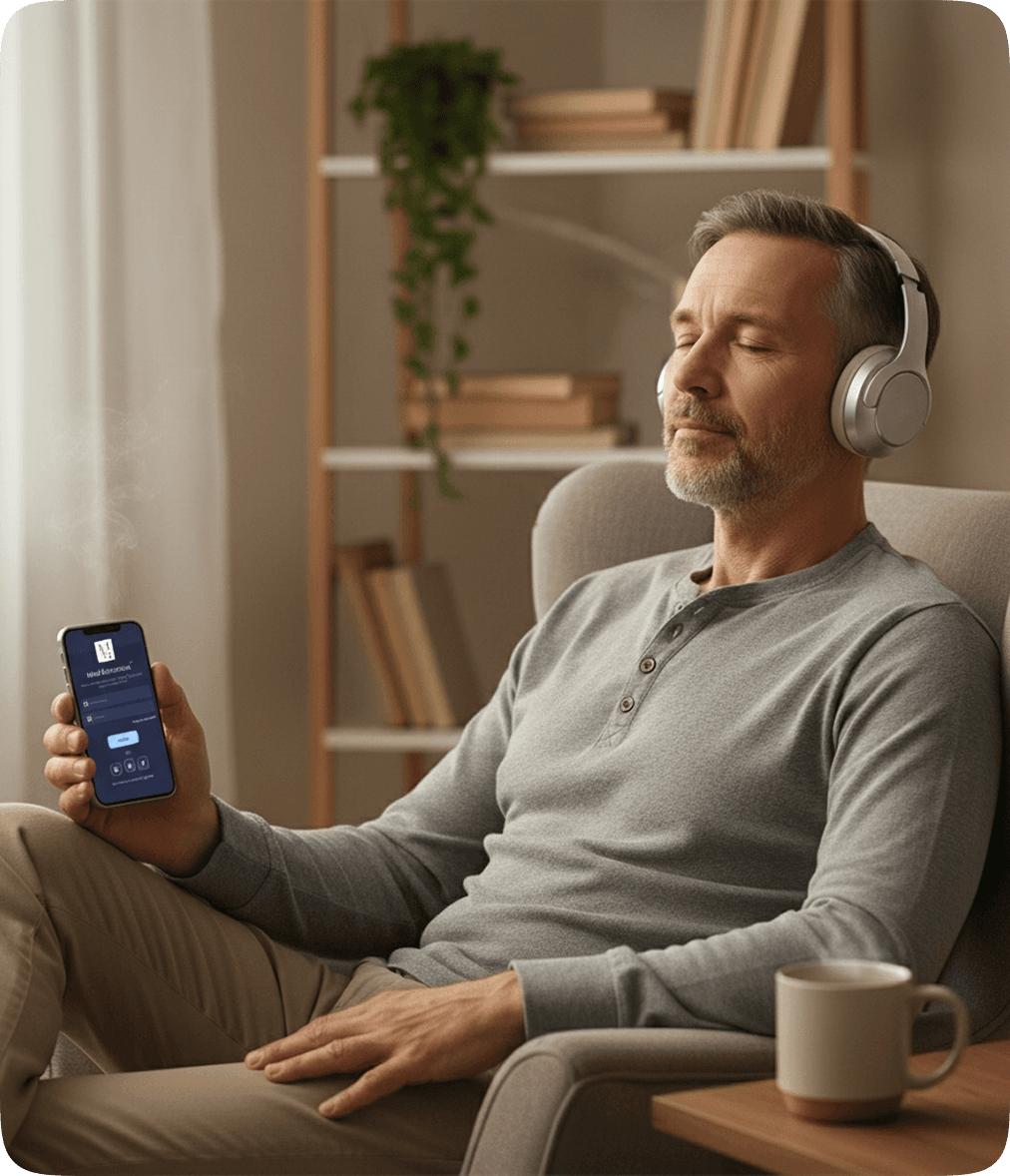 Man with headphones relaxing in an armchair using the Mind Motivations app
