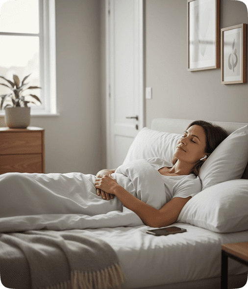 Woman relaxing in bed listening to a guided sleep hypnosis session