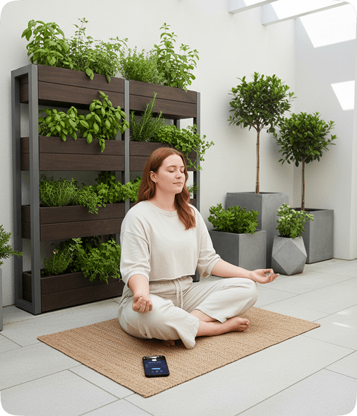 Woman meditating in a peaceful outdoor garden space